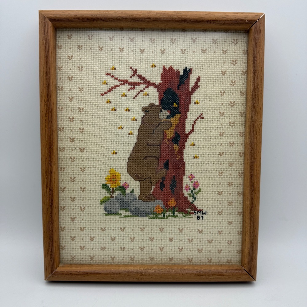Handmade Cross Stitch Wall Art Brown Bear Honey Tree Vintage 1987
